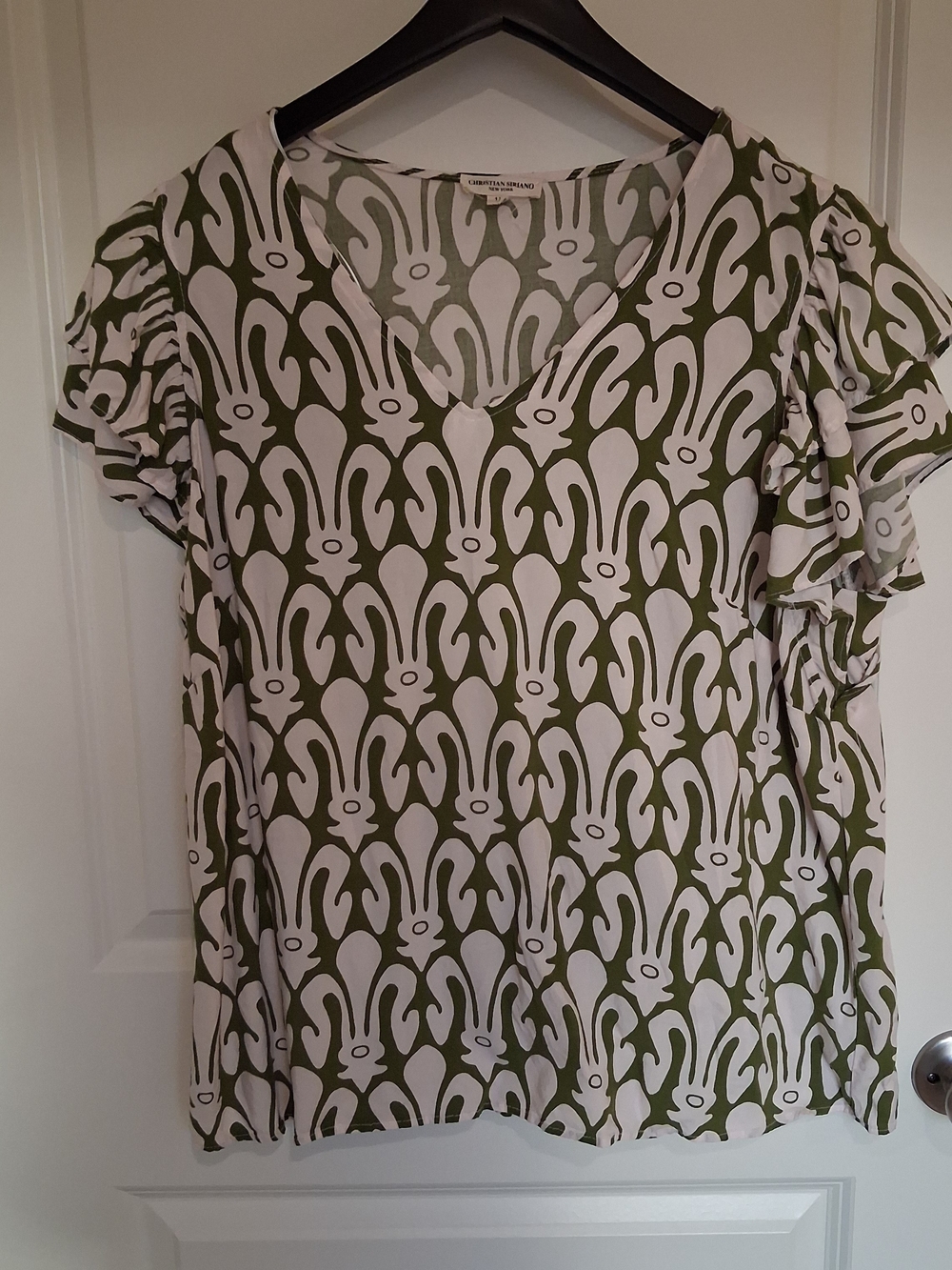Christian Siriano Olive & White Printed V-Neck Blouse